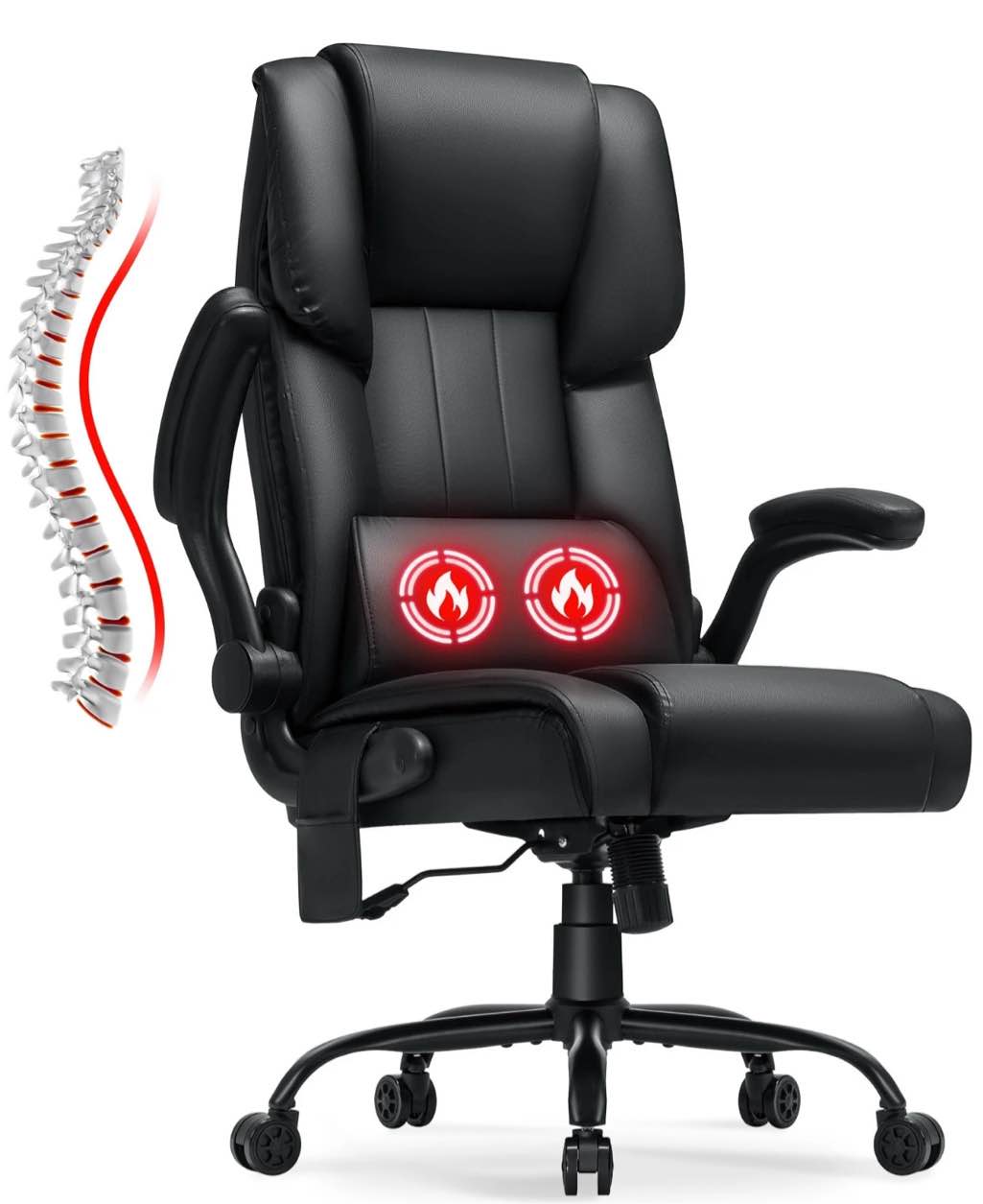 Hoffree Ergonomic Office Chair with Heated Massage Computer Desk Chair with Flip Arms High Back Executive Leather Chair Adjustable Task Chair with Lumbar Back Support for Office