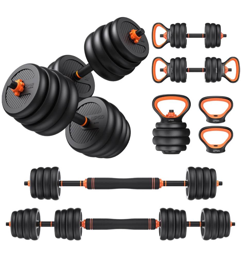 UPGO Adjustable Dumbbells, 70lbs Free Weight Set with Connector, 6 in1 Dumbbells Set as Barbell, Kettlebells, Push up Stand, Fitness Exercises for Home Gym Suitable Men/Women