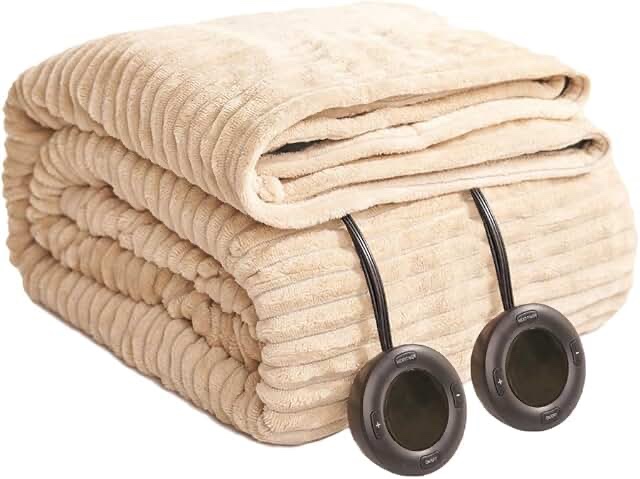 Electric Heated Blanket Queen Size 84 x90 Fast Heating with Dual Controllers 10 Heating Levels 10H Timer Preheat Function Machine Washable - Beige