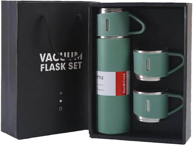 Stainless Steel Tea and Coffee Mug Included, Vacuum Insulated Bottle with Built-in Leakproof Lid 500ml with Mugs, Travel Coffee Mug for Cold & Hot Drinks (Green)