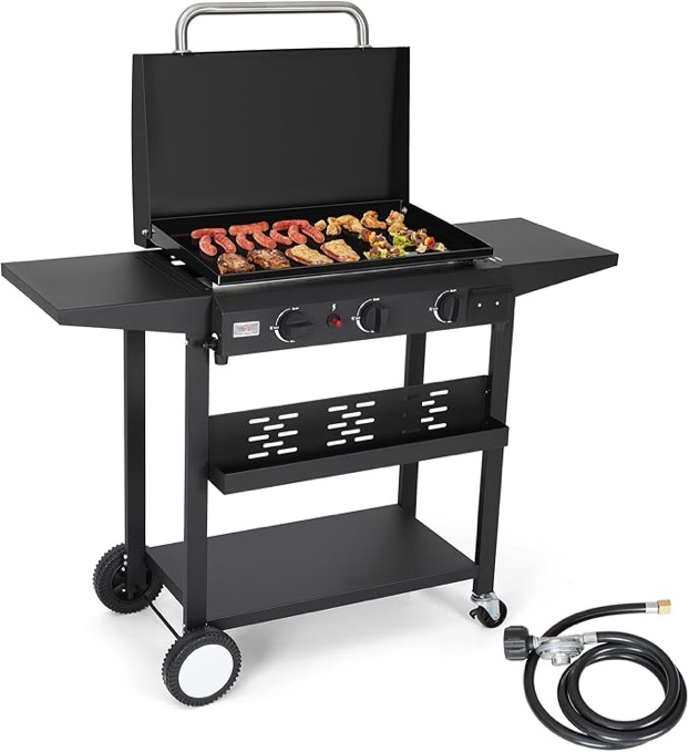 2-in-1 Propane Griddle, Portable Flat Top Grill with Lid, 3 Burner Stainless Steel Outdoor Griddle 24,600 BTU gas grills with Wheels&Side Shelves For Kitchen, Outdoor BBQ, Camping