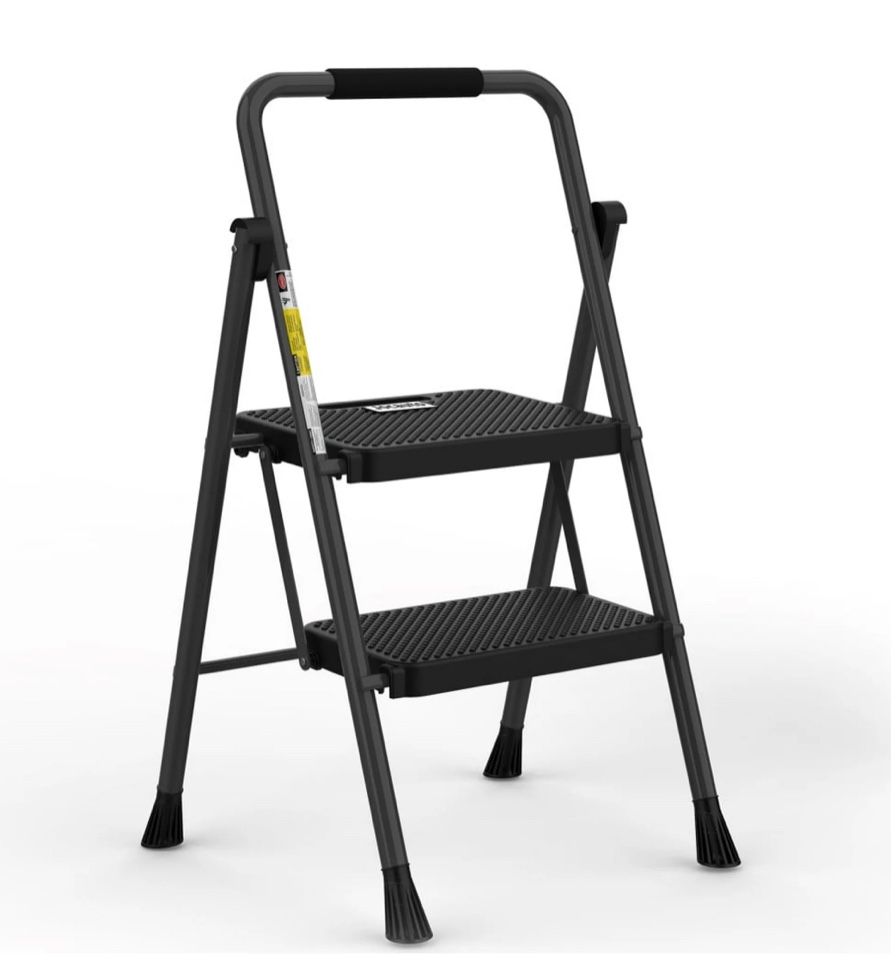 Jocauto 2-Step Ladder, Folding Step Stools for Adults with Wide Anti-Slip Pedals, Max Load Capacity 500lbs Sturdy Steel Ladder, Lightweight, Convenient Handle, Portable Steel Step Stool, Black