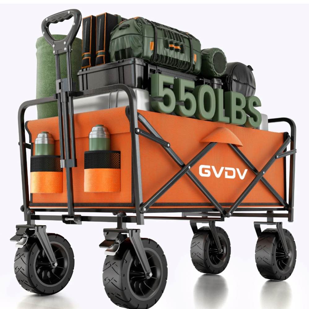 GVDV Collapsible Folding Wagon, 550LBS Large Heavy Duty Utility Cart with All-Terrain Wheels and Adjustable Handles for Shopping, Camping, Sports, Outdoor, Beach, Orange