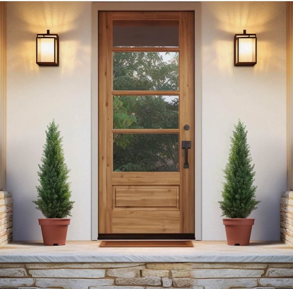 Artificial Cedar Tree 2 Pack 3 ft Outdoor Artificial Topiary Cedar Plants Fake Tree UV Rated Potted Plants for Porch Decor Faux Pine Tree for Perfect Housewarming Gift