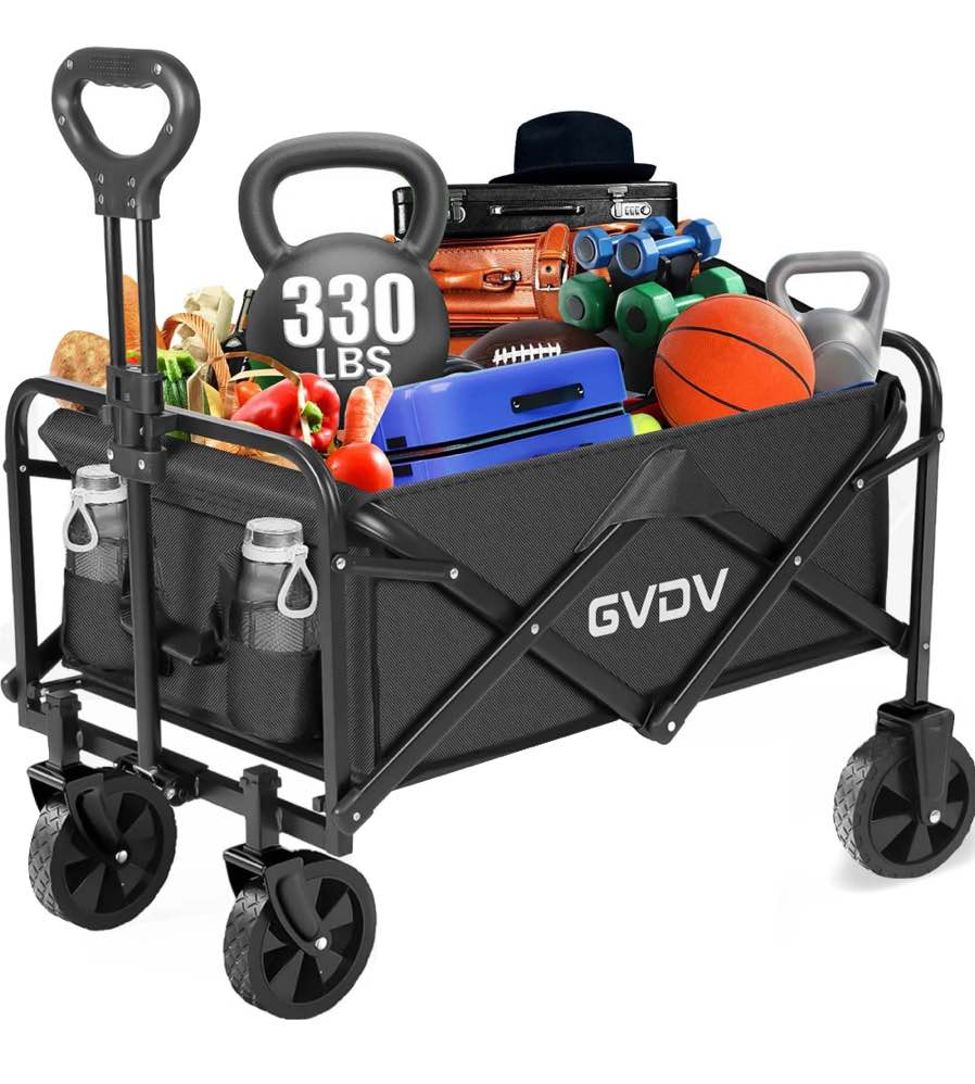 GVDV Collapsible Wagon Cart, Portable Utility Wagon for Camping, Beach, Picnic, Shopping, Sports, and Grocery Transport, Black