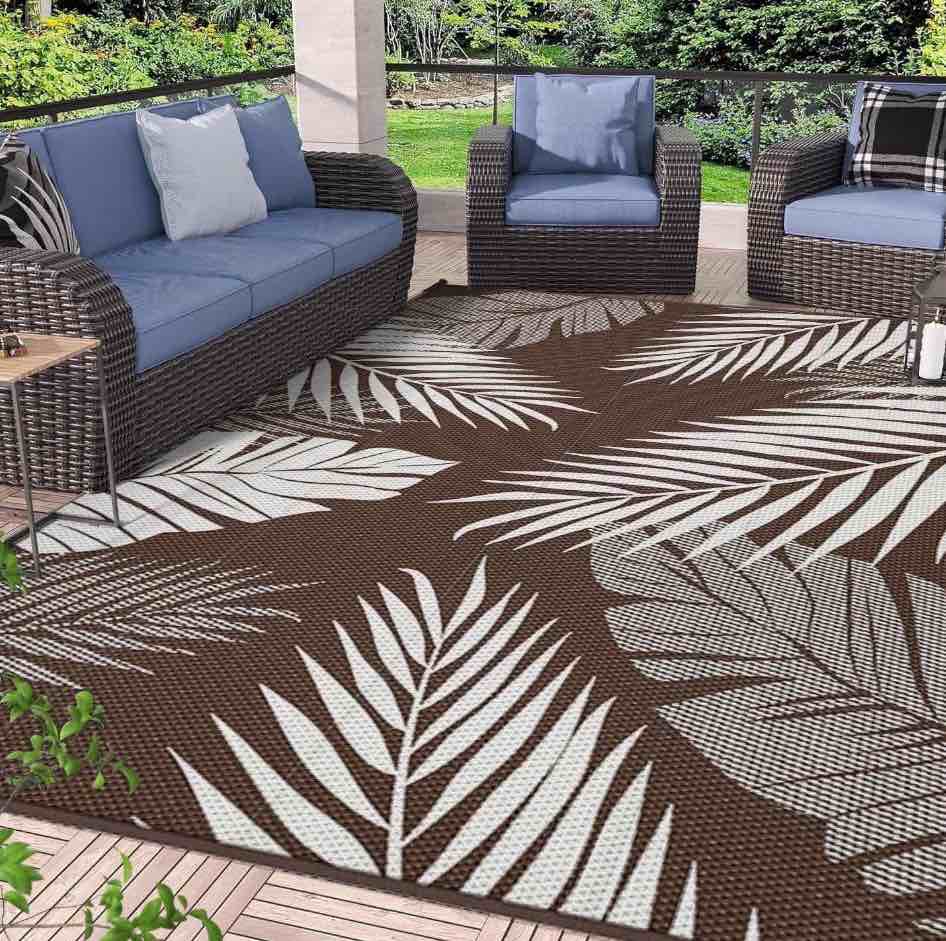 DEORAB 8'x10' Outdoor Rugs Patio Waterproof Outside Mat Reversible Plastic Camping Carpet,Coffee & Beige