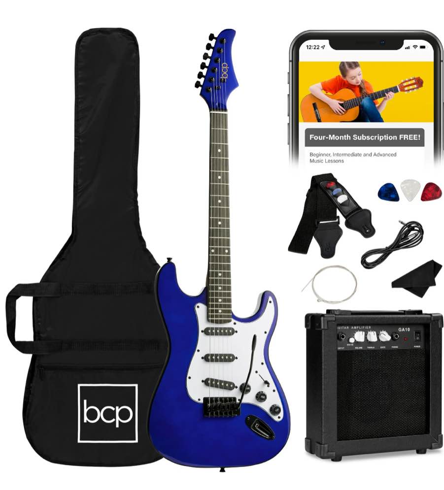 Best Choice Products 39in Full Size Beginner Electric Guitar Kit with Case, Strap, Amp, Whammy Bar - Metallic Blue