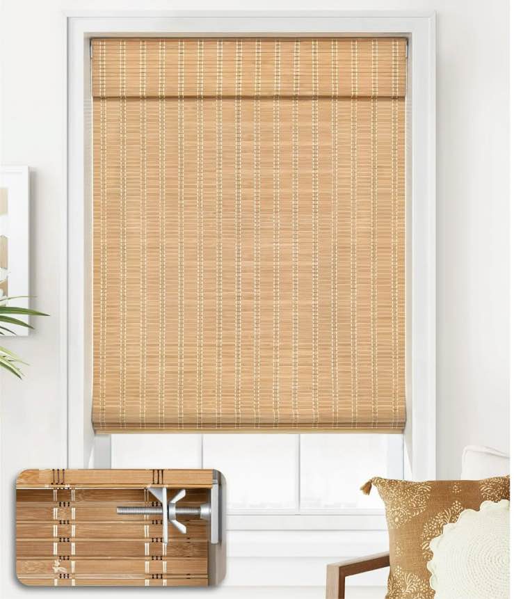 LazBlinds No Tools No Drill Cordless Bamboo Roman Shades, Light Filtering Window Treatment, Roll Up Bamboo Blinds for Window 39'' W x 64'' H, Brown