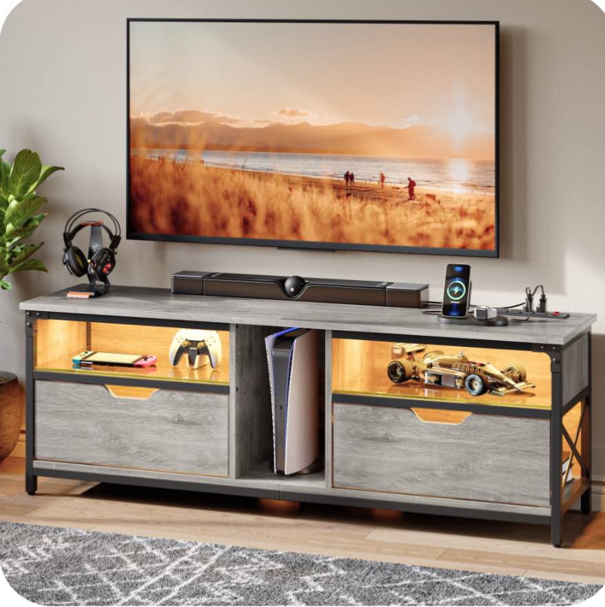 Pinmoco LED TV Stand with Power Outlet for 30-70" TVs, Media Console with Glass Shelves, Retro Gray
