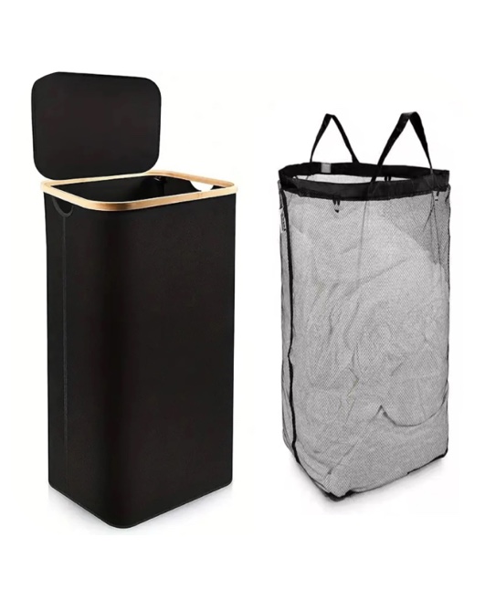 FOUKUS Large Laundry Hamper with Lid, 100L Laundry Basket with Bamboo Handles for Clothes and Toys, Freestanding Collapsible Laundry Basket with Inner Bag for Bedroom and Bathroom-Black