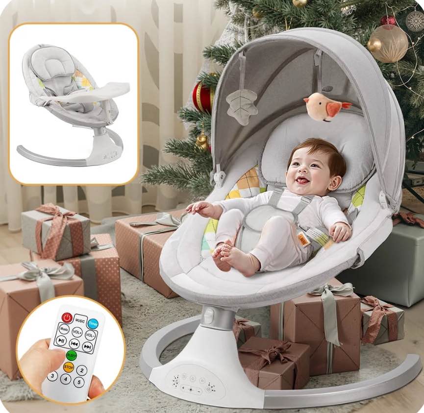 Baby Swing for Infants, Baby Rocker with Dinner Plate, 5 Swing Speeds, Adapter Battery Operated, Indoor Outdoor, Grey