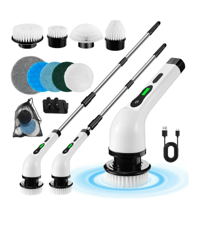 Electric Spin Scrubber, Cordless Cleaning Brush Waterproof with 9 Replaceable Brush Heads, 1.5H Power Dual Speed, 2025 New Shower Scrubber with Extension Handle for Bathroom Tub Tile Floor Car