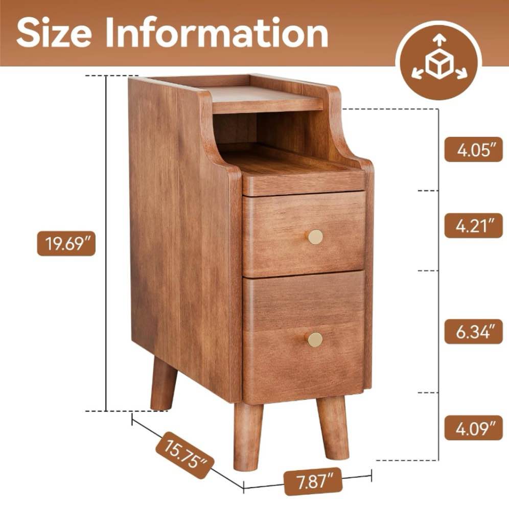 Small Nightstand with Drawers Solid Wood Bedside Table
