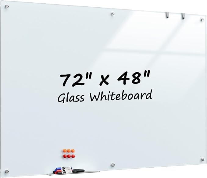 MaxGear Glass Whiteboard 72 x 48 Inch, Large Tempered Glass Dry Erase Board 6 x 4 ft, Frameless Wall Mounted Magnetic Whiteboard for Office, Conference Room, Classroom, Team Collaboration