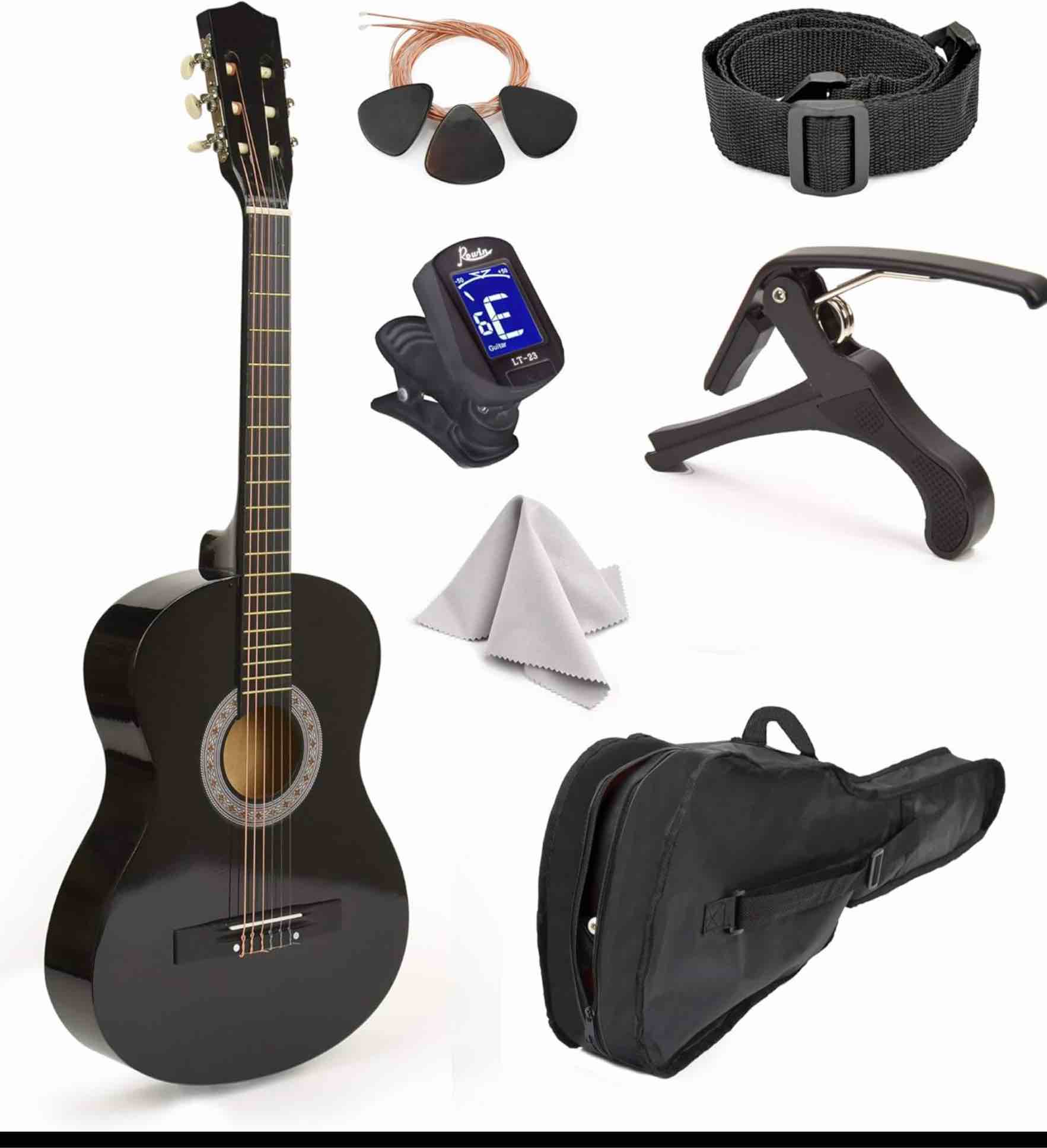 38" Wood Guitar With Case and Accessories for Kids/Boys/Girls/Teens/Beginners (Black)