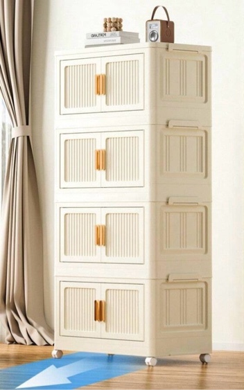 4 Tier Double Door Folding Storage Cabinet Large Capacity Household Bedroom Clothes Toy Storage Cabinet Floor Multi-Layer Storage Box