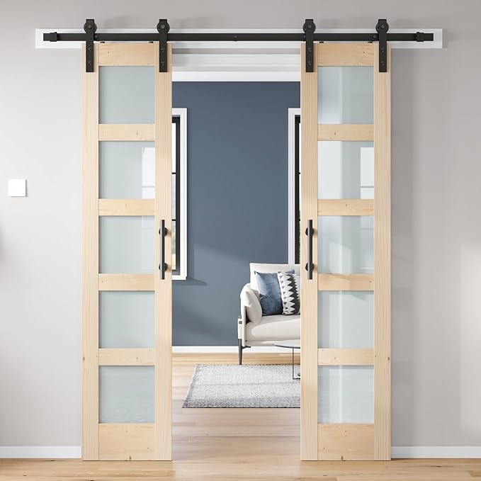 ROYMELO Double 21×84 inch Glass Sliding Barn Door Slab with 7ft Hardware Kit Included, 5-Panel Frost