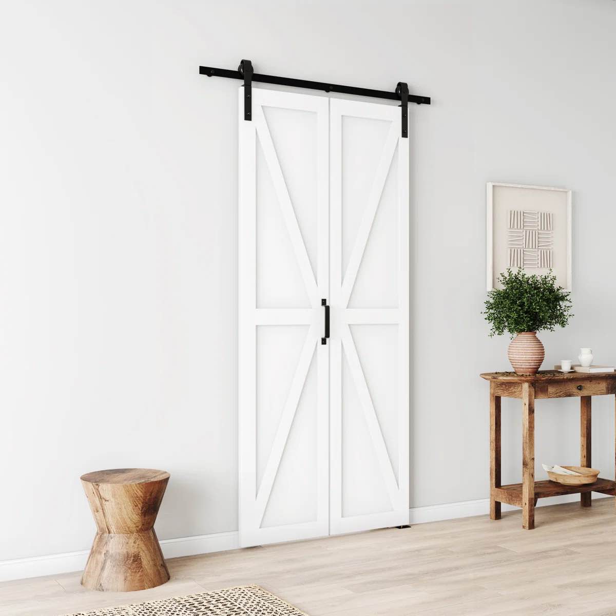 Condition photo showing As Is for white primed wood 3-panel bi-fold door size: 48" x 80"