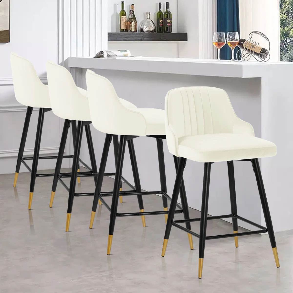 Condition photo showing New/Like New for swivel upholstered 26"/29" counter & bar stool with solid metal frame and velvet back