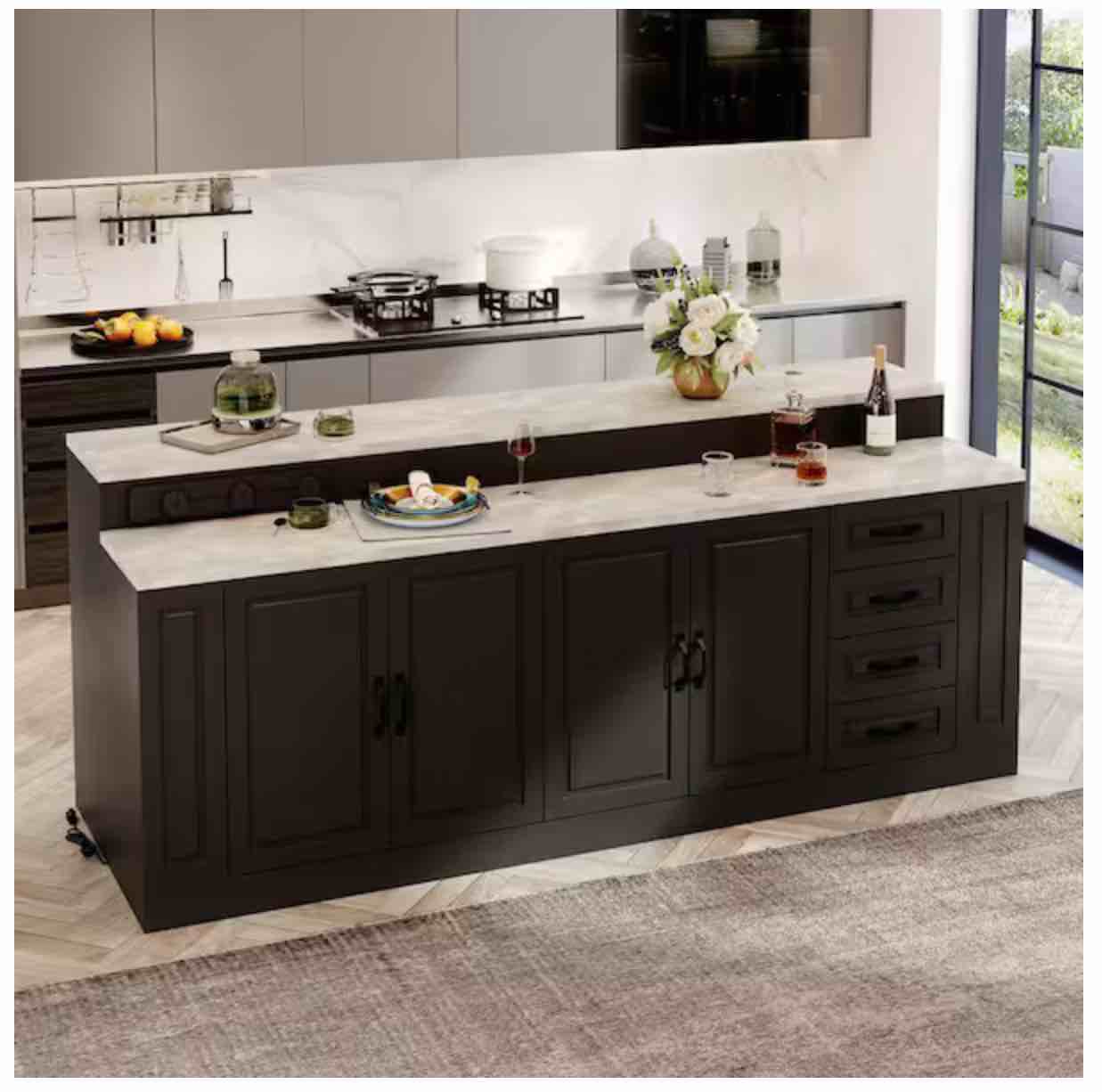 Black Wood Marble Woodgrain Finish 94.5 in. W Kitchen Island Dining Bar Table with Door Cabinet, 4 Drawers,Track Outlets