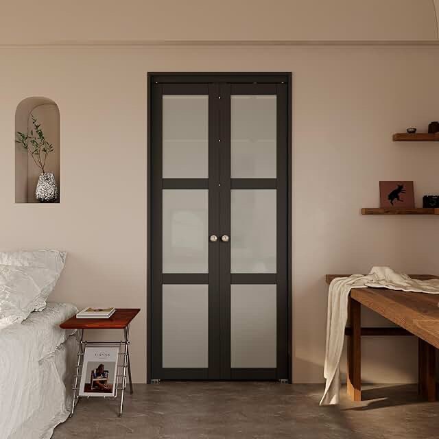 Condition photo showing As Is for solid manufactured wood and glass pivot-french or bi-fold door with installation hardware kit