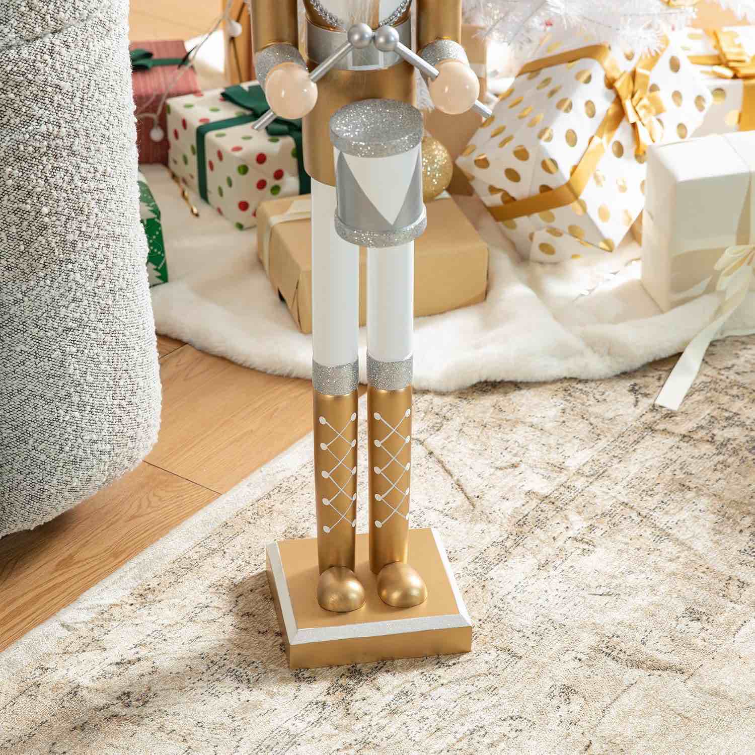 Condition photo showing As Is for glitzhome 42" christmas soldier nutcracker-wooden deluxe gold dressed nutcracker for festive christmas party indoor winter home fireplace decor