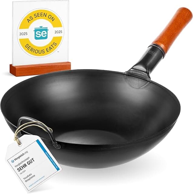 YOSUKATA 13.5" Carbon Steel Wok Pan â€“ Pre-Seasoned Flat Bottom Pow Wok for Stir Fry, BBQ, Grill & Camping â€“ Traditional Japanese Chinese Cookware â€“ Compatible with Induction, Electric, Gas, Open Fire