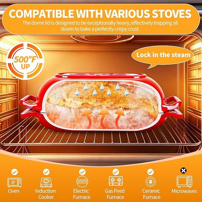 oval dutch oven for bread baking, 6qt enameled cast iron oval dutch oven pot with lid and dual handles, ceramic sourdough bread baker with bread dome, cooking, frying, non-stick enamel coated cookware