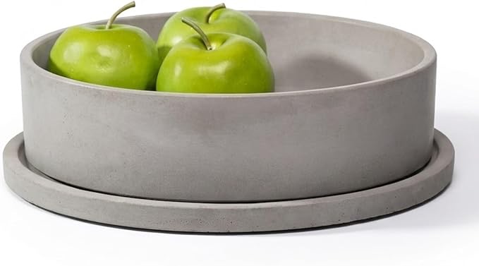 simon brothers concrete fruit bowl with tray for kitchen counter - large decorative bowl for home decor - modern key bowl for entryway table - minimalist decor for coffee table