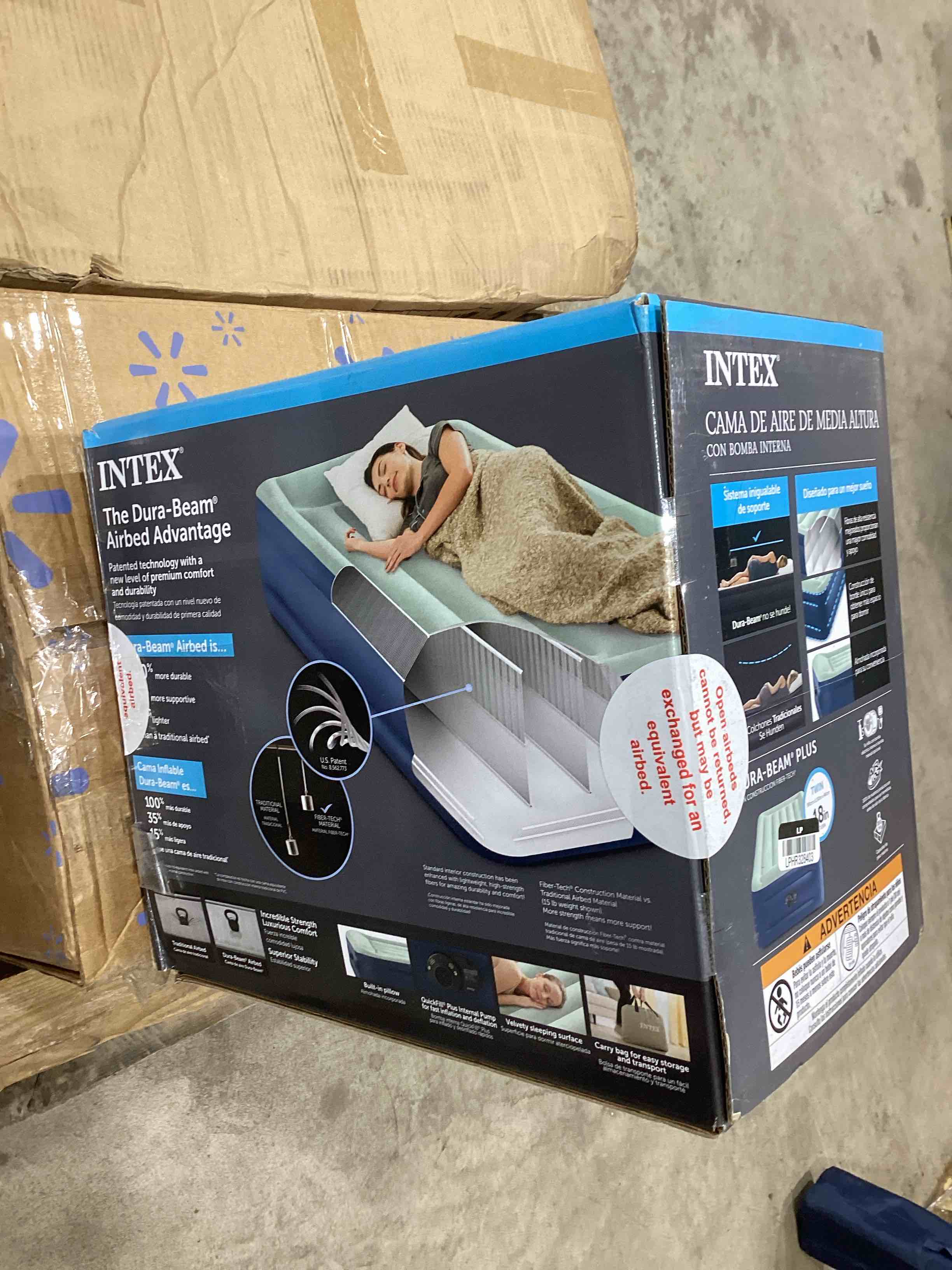 Condition photo showing Good Condition for intex elevated 18" pillow rest twin air mattress with internal pump - off-white/blue: includes storage bag, repair patch, electric pump