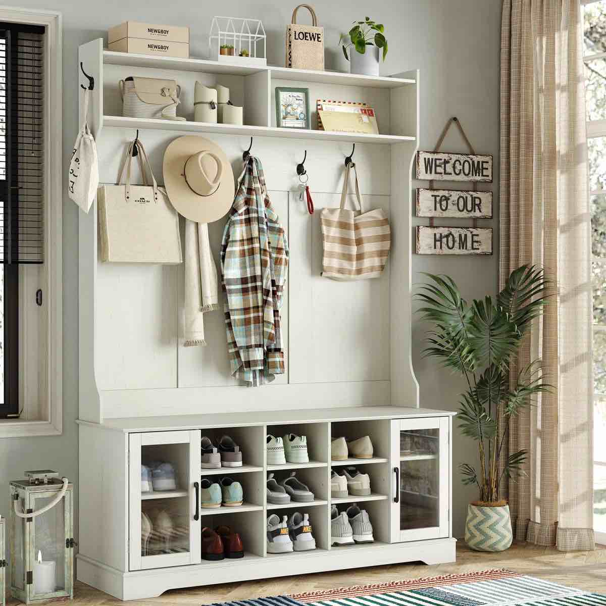 Jaxsin Hall Tree 51.3" Wide with Bench and Shoe Storage,4-in-1 Design Coat Rack for Entryway By Lark Manor
