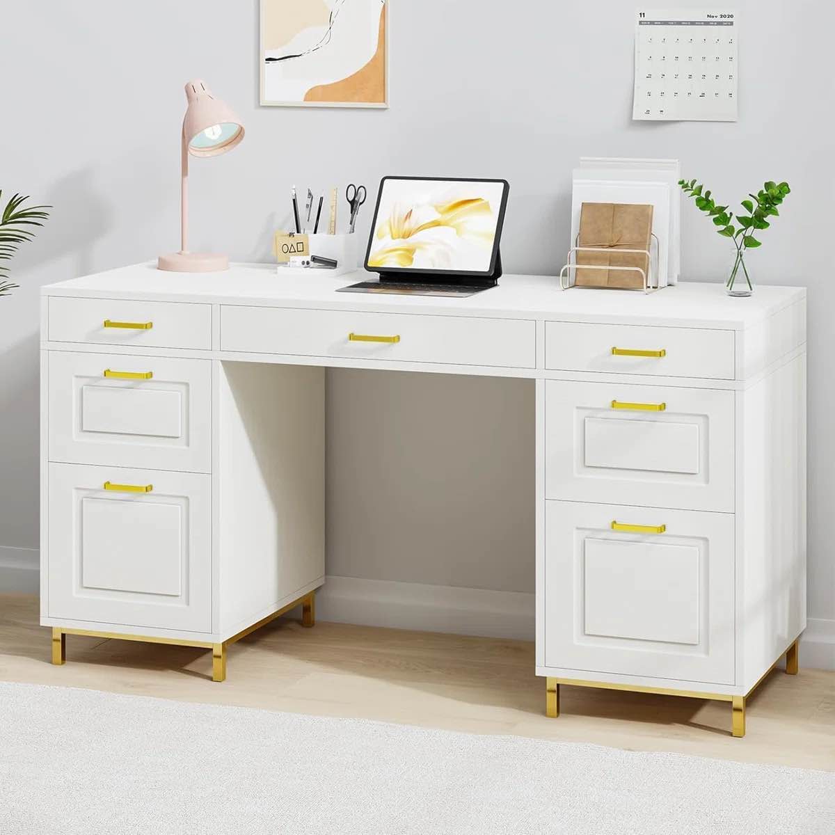 computer desk with 7 drawers, 57 inch home office desk with file drawers,executive desk with golden legs and handles by mercer41
