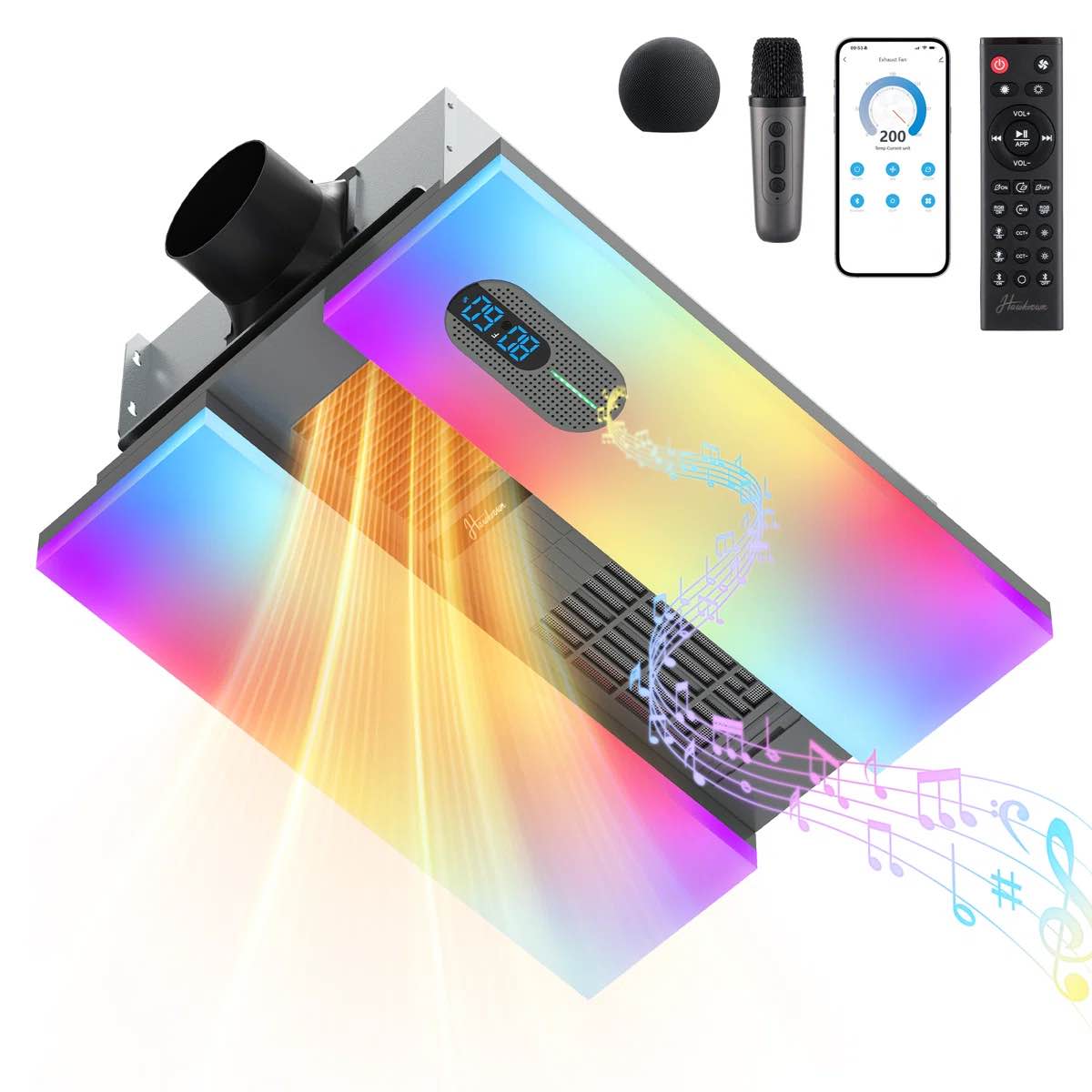 bathroom exhaust fan with heater, smart fan with bluetooth speaker, 2 heat levels, humidity and odor sensor, rgb and 3cct lighting, remote control for bathroom, kitchen, basement hkjc-pfs20hgkqs-wf by mybeileyi