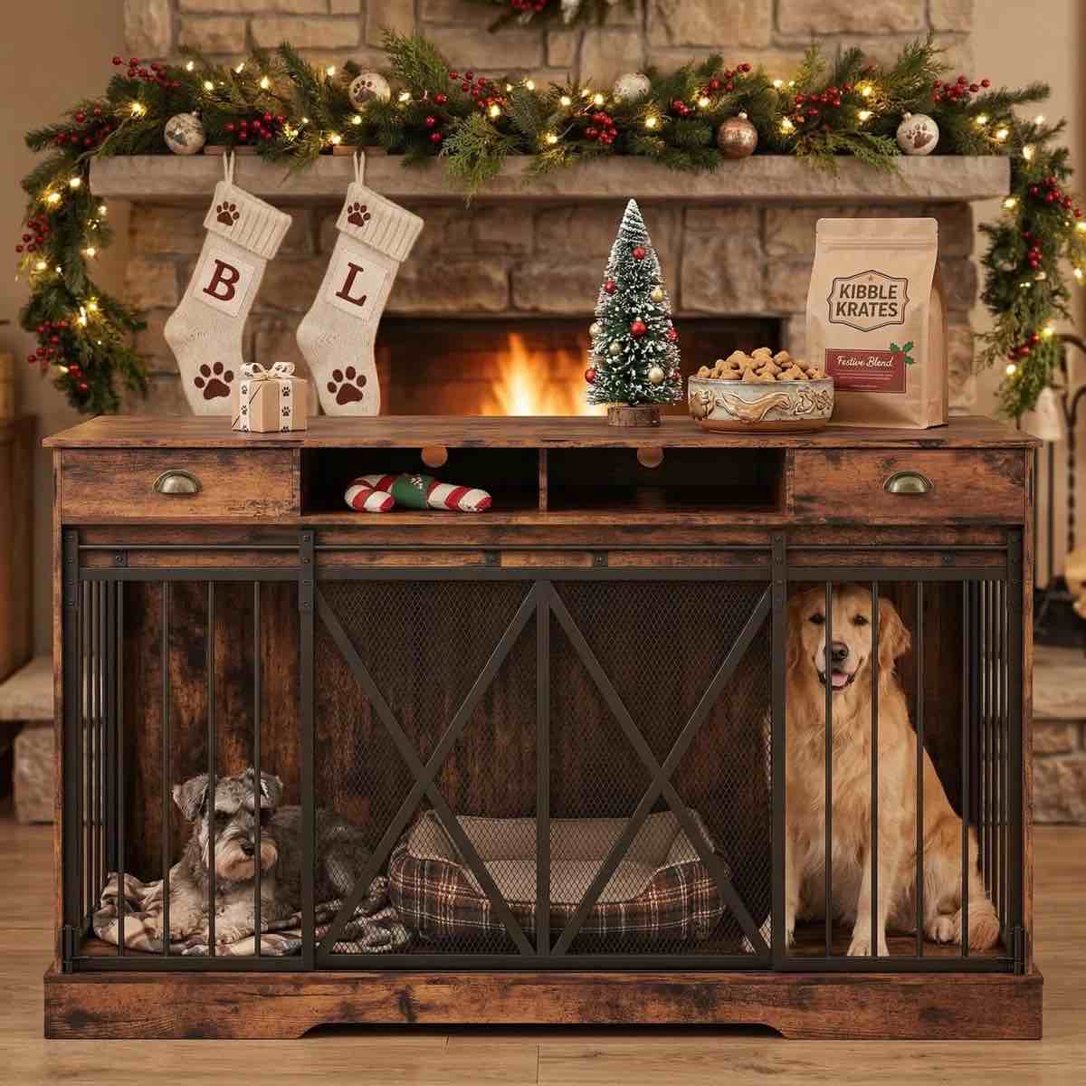 63'' Extra Large Double Dog Crate with Removable Divider, Heavy Duty Dog Kennel Furniture with 2 Drawers, Indoor Decorative Pet Cage TV Stand for 2 Pets. By August Grove