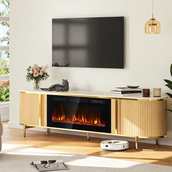 luxury 70" fluted fireplace tv stand, modern entertainment center for for tvs up to 80", tv console with sliding door and faux marble top, media console for living room by jolydale