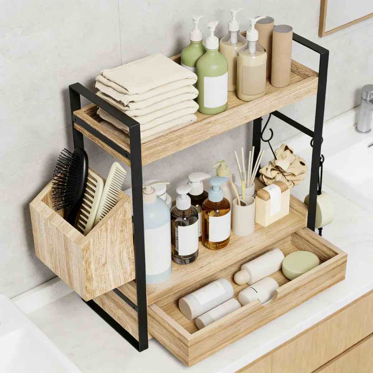2-tier bathroom counter organizer with drawer and storage basket, wood vanity organizer for skincare, makeup, and bathroom essentials, space-saving shelf with hooks