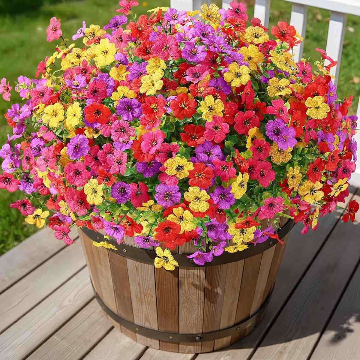 24 bundles artificial flowers for outdoors decoration, uv resistant silk faux daisy flora spring fake plastic plants greenery for outside indoor yard home porch window box decor, mix 4 colors