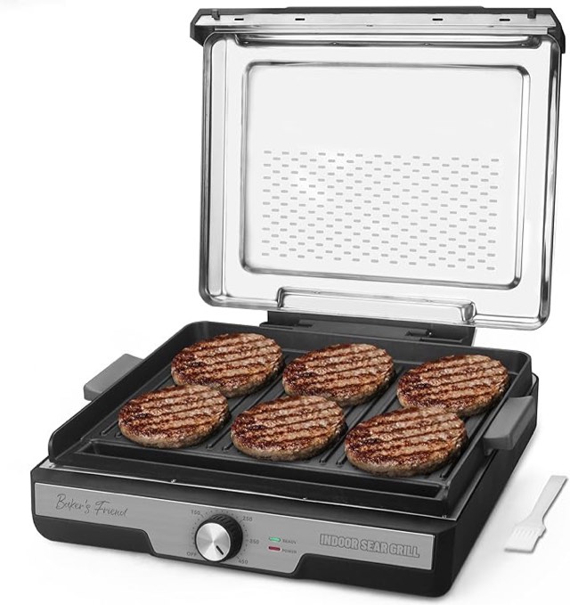 baker's friend smokeless indoor grill with removable plates, portable bbq grill, electric grill indoor, indoor grills electric smokeless, cooking & grilling gifts, recipes included, graphite