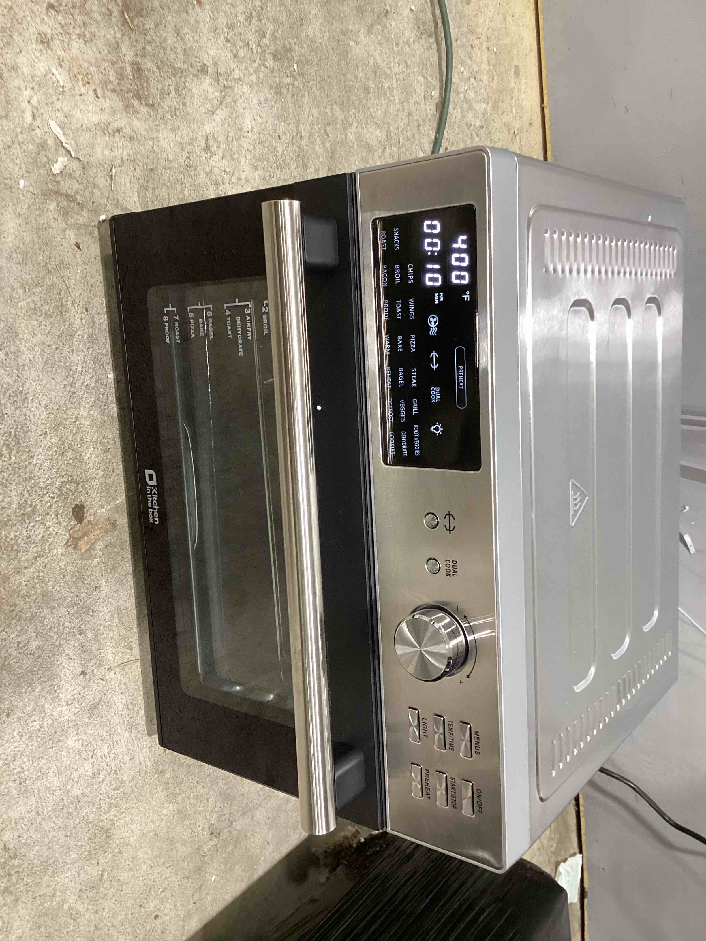 Condition photo showing New/Like New for kitchen in the box 32qt extra large air fryer toaster oven combo, 21-in-1 countertop convection toaster oven with rotisserie and dehydrate, 6 accessories, 1800w dual cook preset (silver)
