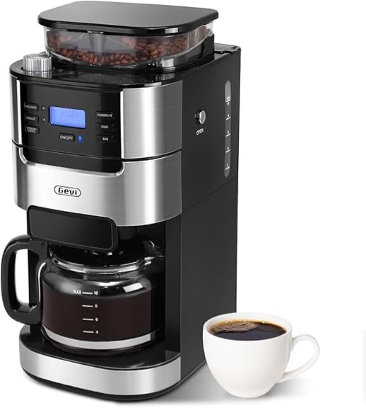 gevi 10-cup drip coffee maker with built-in burr grinder & programmable timer, 1.5l water tank, auto