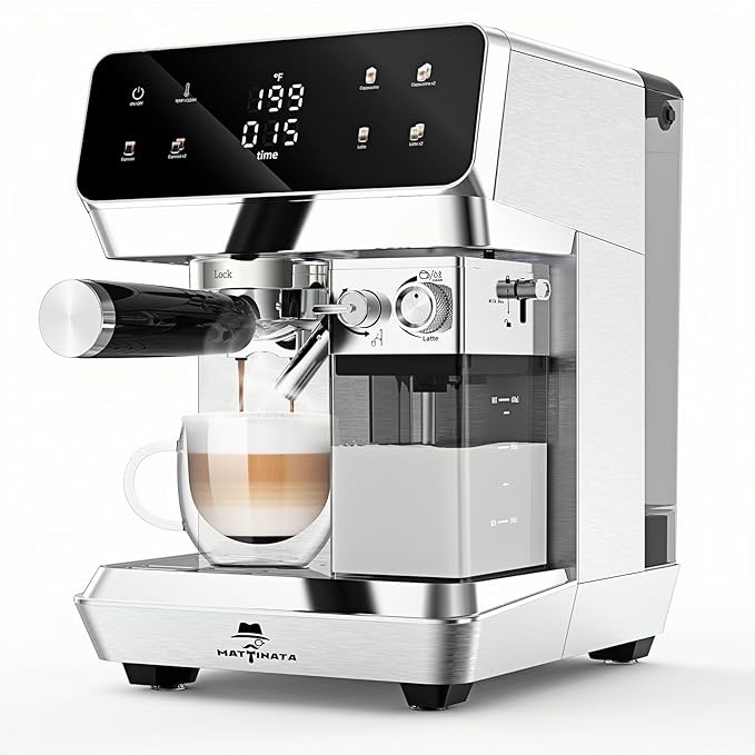 mattinata cm1833l automatic cappuccino machine, 20 bar espresso machine, coffee maker with dual boiler & self-cleaning milk frother, touch screen latte machine, stainless steel for kitchen, silver