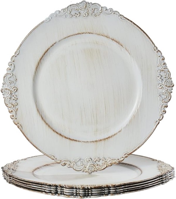 maoname antique white charger plates, round antique plate chargers for dinner plate, 13" plastic charger for plates, wedding table setting, set of 6
