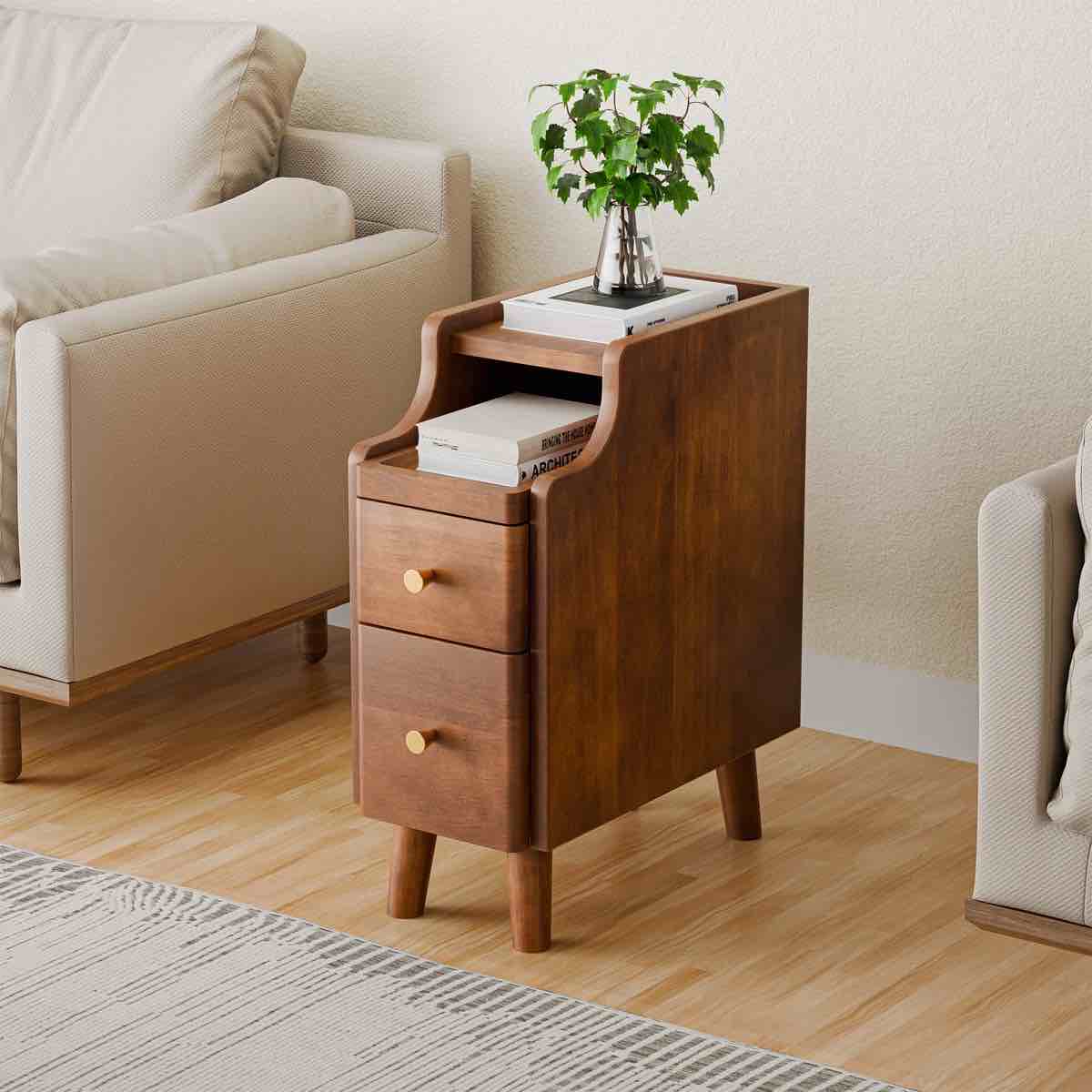 narrow nightstand with drawers, pre-assembled solid wood small skinny night stand with open sliding shelf