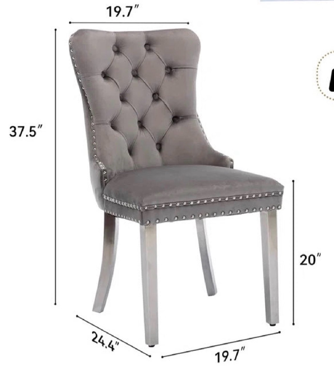 Condition photo showing New/Like New for set of two velvet dining chairs with stainless leg, rustic