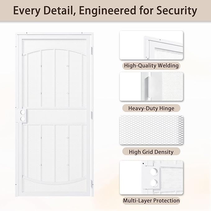 Condition photo showing Good Condition for jubest 32" x 80" steel security door, universal/reversible outswing security screen door, white powder-coated surface mount frame with expanded metal screen, rust-resistant, no handles included