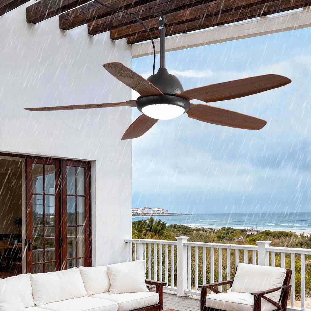 Condition photo showing New/Like New for aaron 52" indoor/outdoor modern brown blade waterproof plug-in ceiling fan with light and remote control for patios & covered spaces
