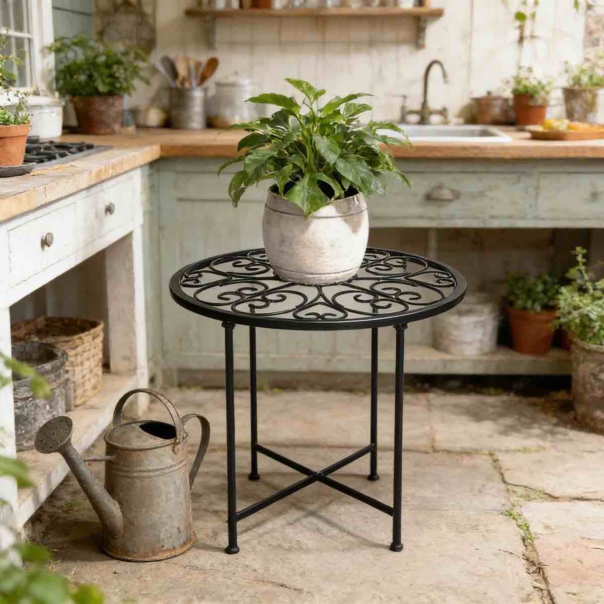 Condition photo showing New/Like New for round metal plant stand for indoor and outdoor use, 15 inch tall rustproof flower pot holder with scroll design for home, garden, patio, and office decor