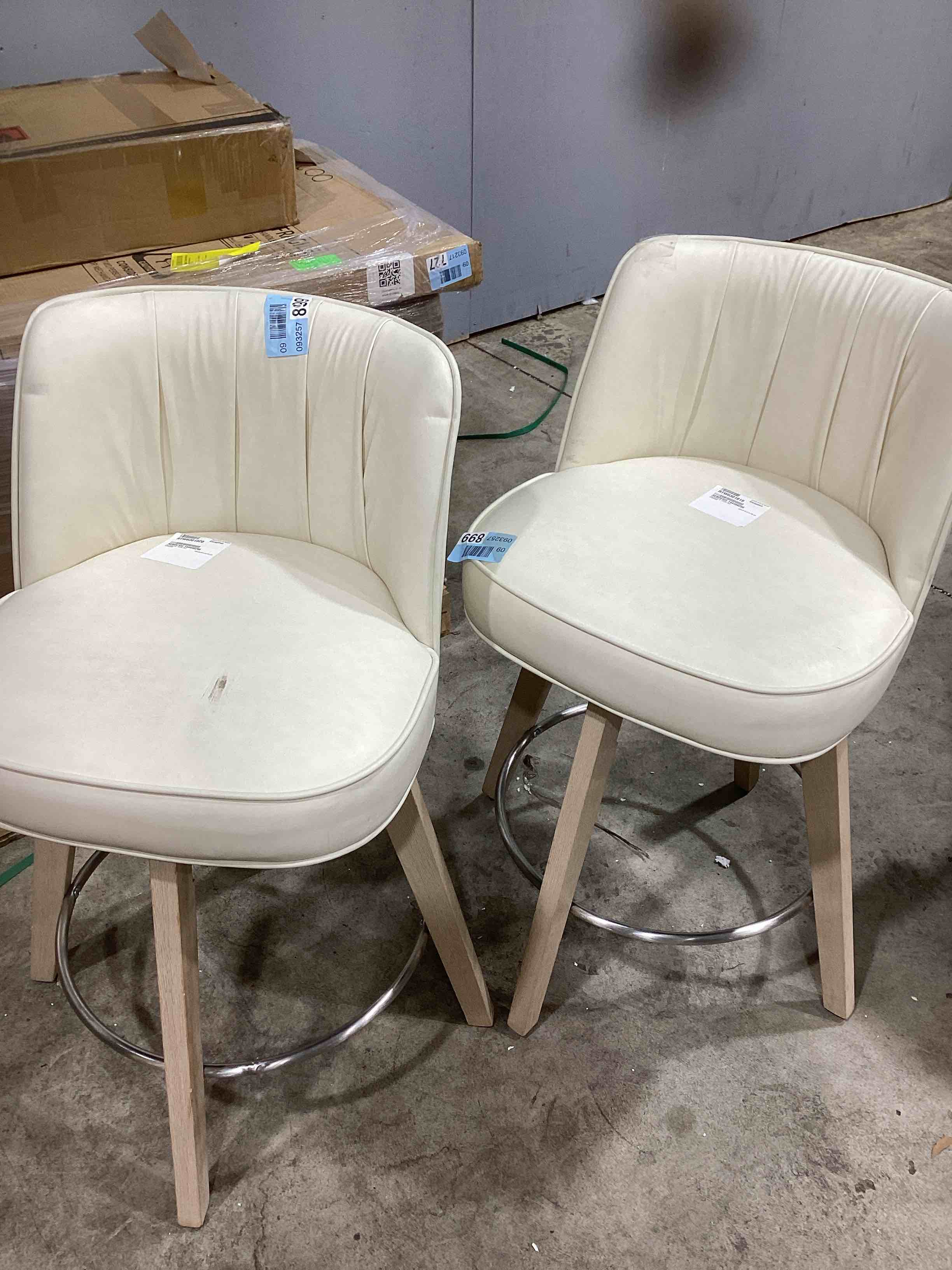 Condition photo showing Good Condition for paul 26 in. ivory white modern faux leather 360° swivel high back barstool solid wood counter height stool (set of 2