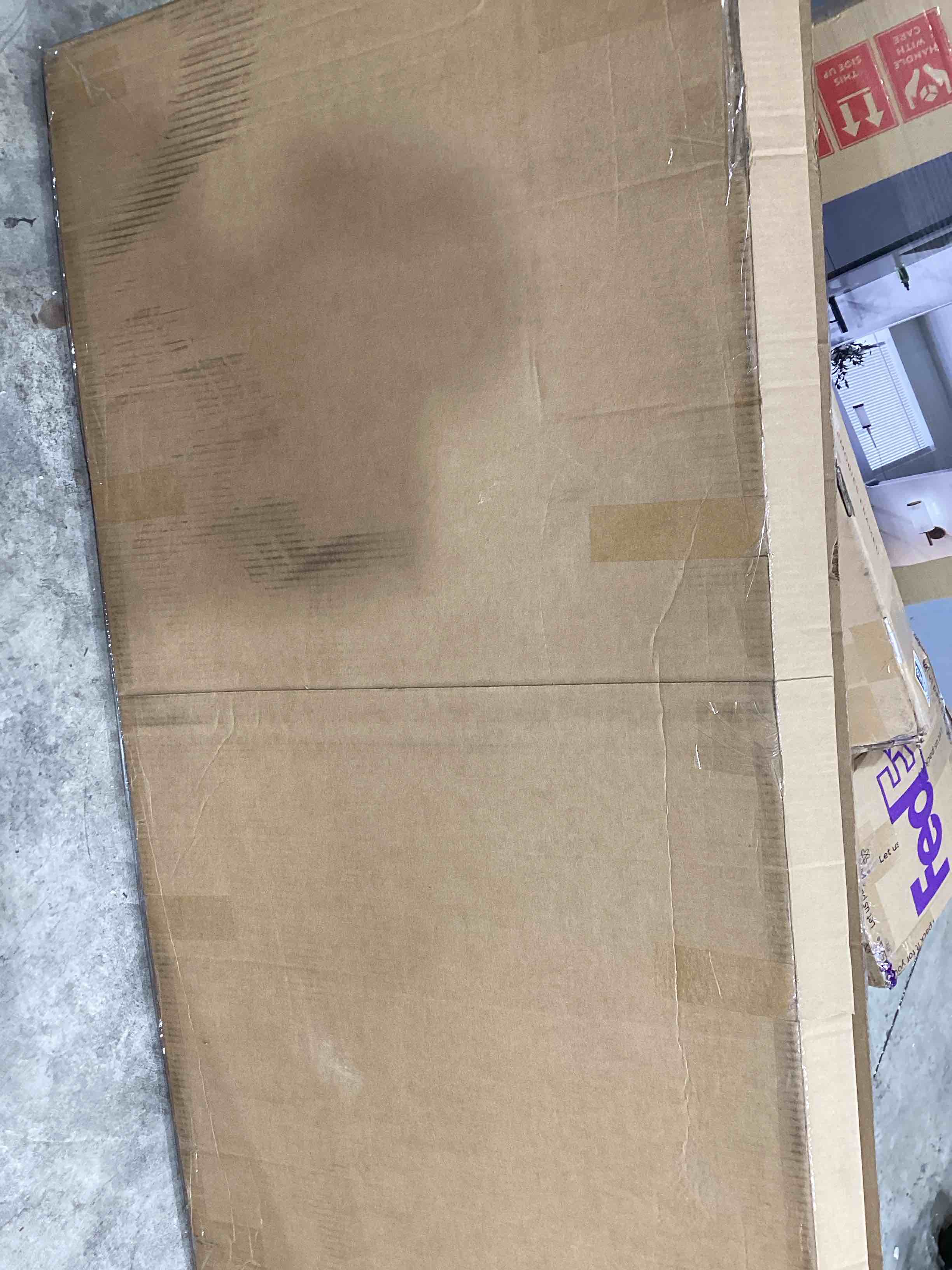 Condition photo showing Good Condition for large framed canvas wall art set - neutral gradient minimalist brown and beige abstract prints - 60"x20"