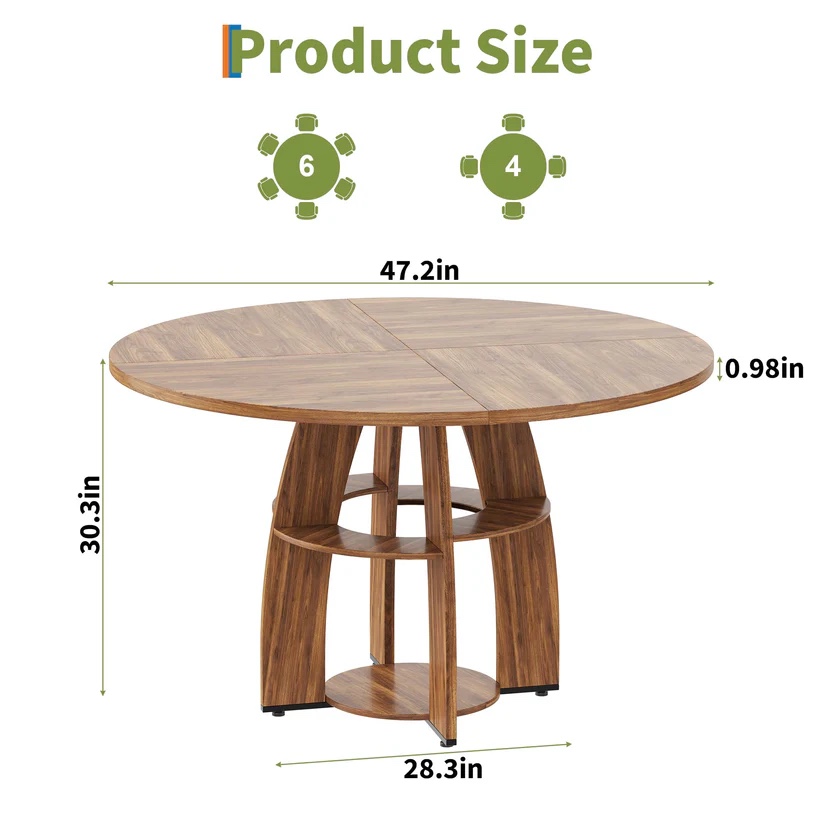 Condition photo showing New/Like New for garvee 47 in round dining table with storage shelf & adjustable feet for dining room, living room, apartment, walnut